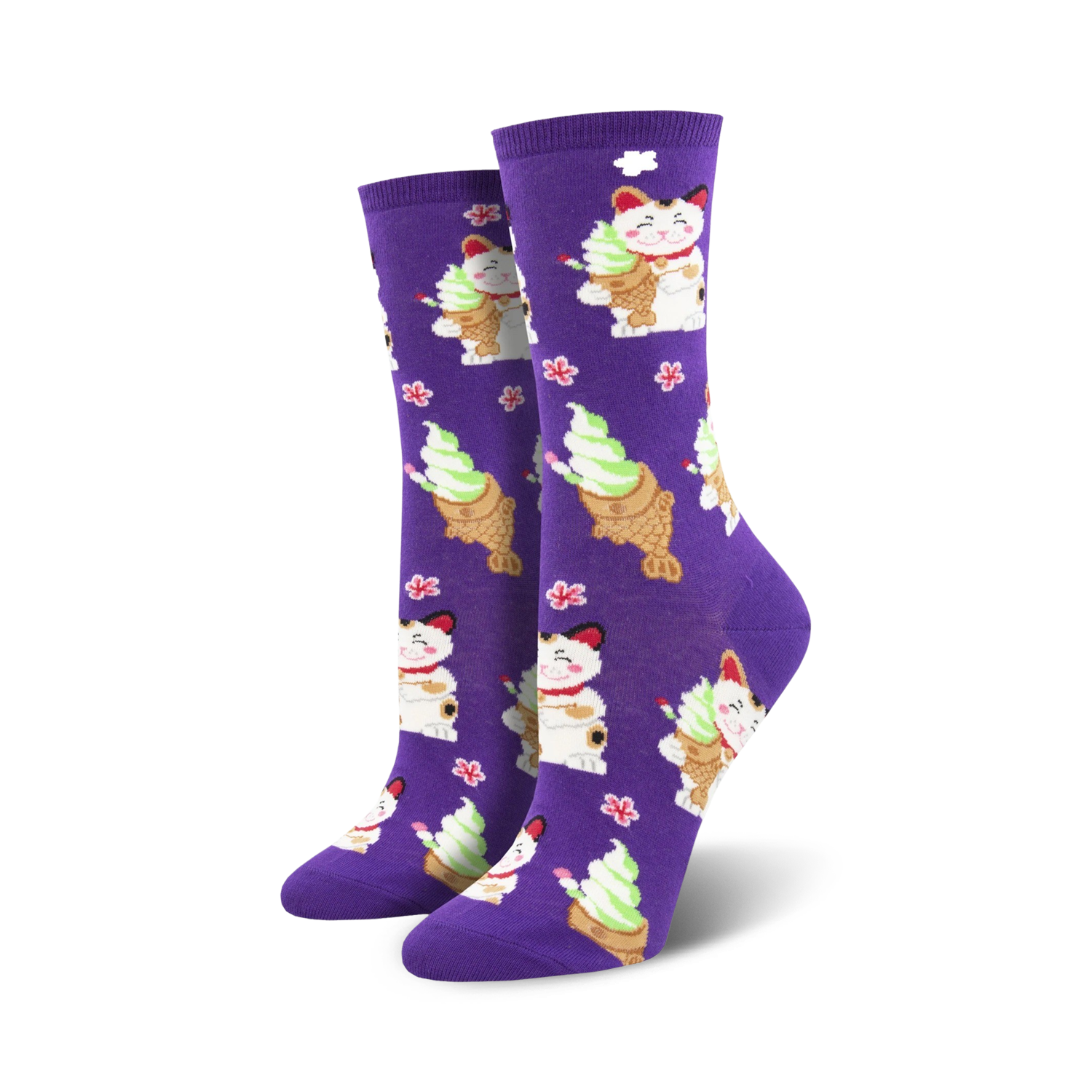 Crew socks in purple featuring a repeating pattern of Maneki-neko cats holding taiyaki ice cream cones, accented with pink cherry blossoms.