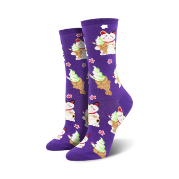  purple crew socks for women with a cartoon cat, ice cream, and fish-shaped waffle pattern.   