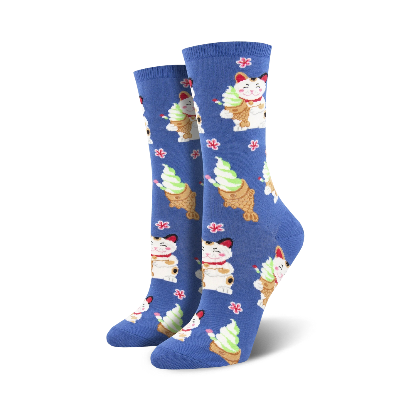 Lifestyle shot of a person's feet wearing blue Taiyaki Cat crew socks. The socks showcase the adorable cat and taiyaki design.