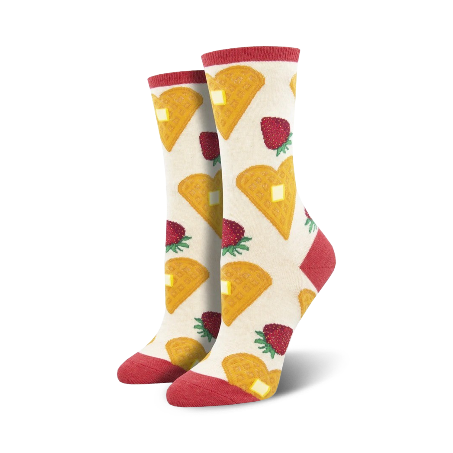 Cream crew socks with heart-shaped waffle and strawberry pattern. Red and yellow accents. 