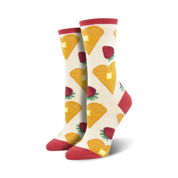 womens crew socks with heart-shaped waffles, strawberries, and butter.    