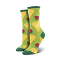 Lifestyle shot of the green 'Heart Smart Breakfast' socks on a model's feet.