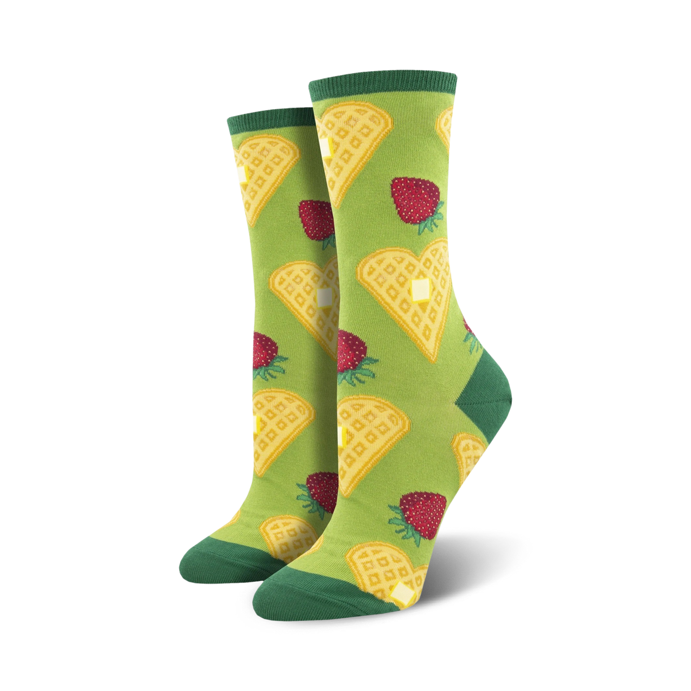 Lifestyle shot of the green 'Heart Smart Breakfast' socks on a model's feet.