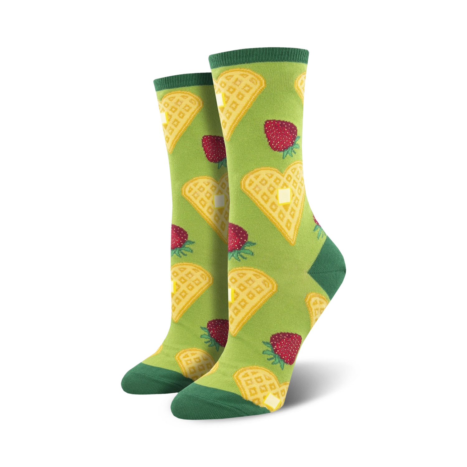 Lifestyle shot of the green 'Heart Smart Breakfast' socks on a model's feet.