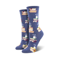 Pair of crew socks in blue and brown, showing stacks of colorful books and steaming mugs.  Literary-themed design.
