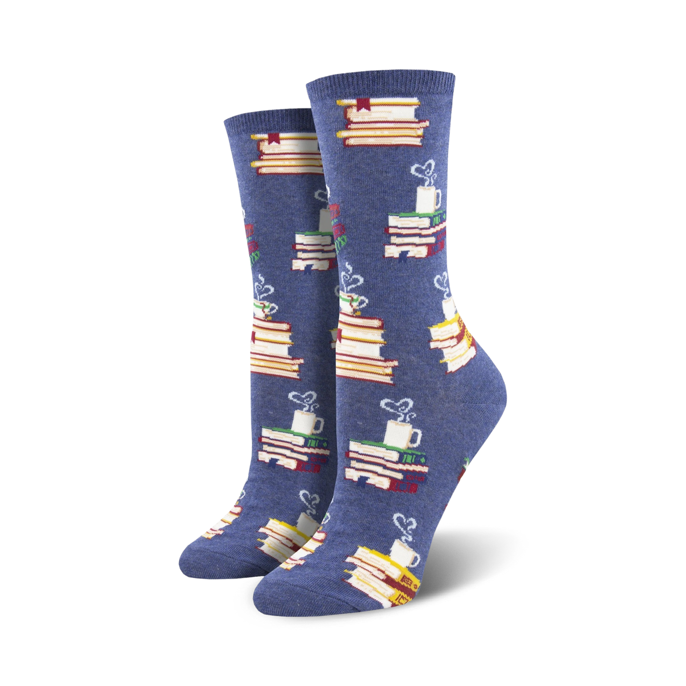 Pair of crew socks in blue and brown, showing stacks of colorful books and steaming mugs.  Literary-themed design.