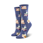 Pair of crew socks in blue and brown, showing stacks of colorful books and steaming mugs.  Literary-themed design.