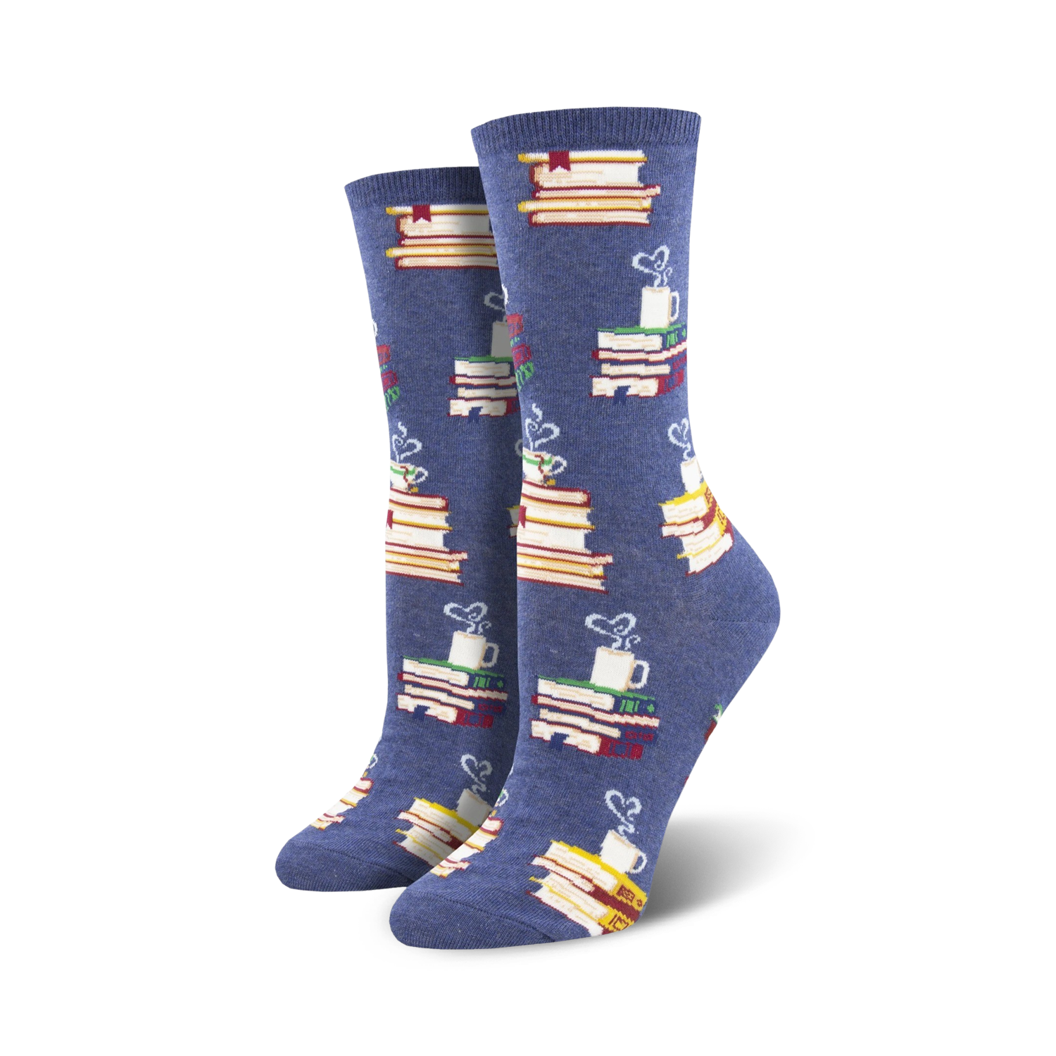 Pair of crew socks in blue and brown, showing stacks of colorful books and steaming mugs.  Literary-themed design.