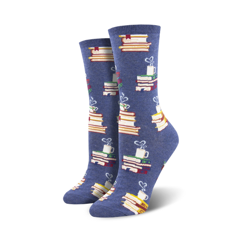 Pair of crew socks in blue and brown, showing stacks of colorful books and steaming mugs.  Literary-themed design.