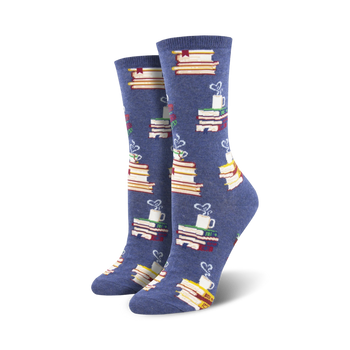 blue art & literature themed socks for women featuring a pattern of books and white steaming coffee mugs. crew length.  