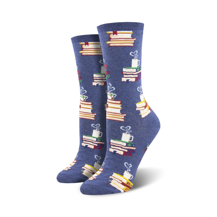 blue art & literature themed socks for women featuring a pattern of books and white steaming coffee mugs. crew length.  