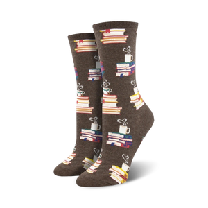 crew length women's socks with pattern of books and coffee cups in red, green, blue, yellow, white, and brown.   