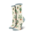 Cream crew socks with a pattern of potted plants in shades of green and brown.  The socks have a light blue cuff.