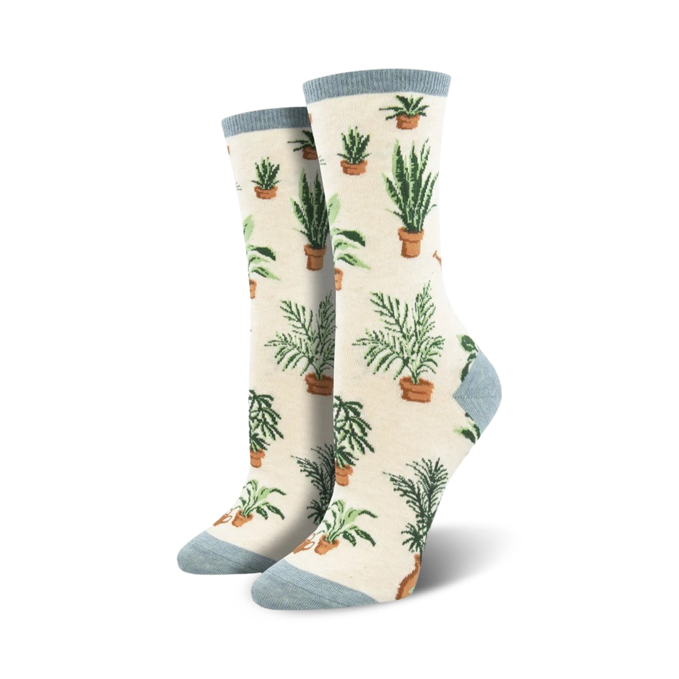 Cream crew socks with a pattern of potted plants in shades of green and brown.  The socks have a light blue cuff.
