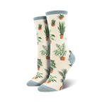 Cream crew socks with a pattern of potted plants in shades of green and brown.  The socks have a light blue cuff.