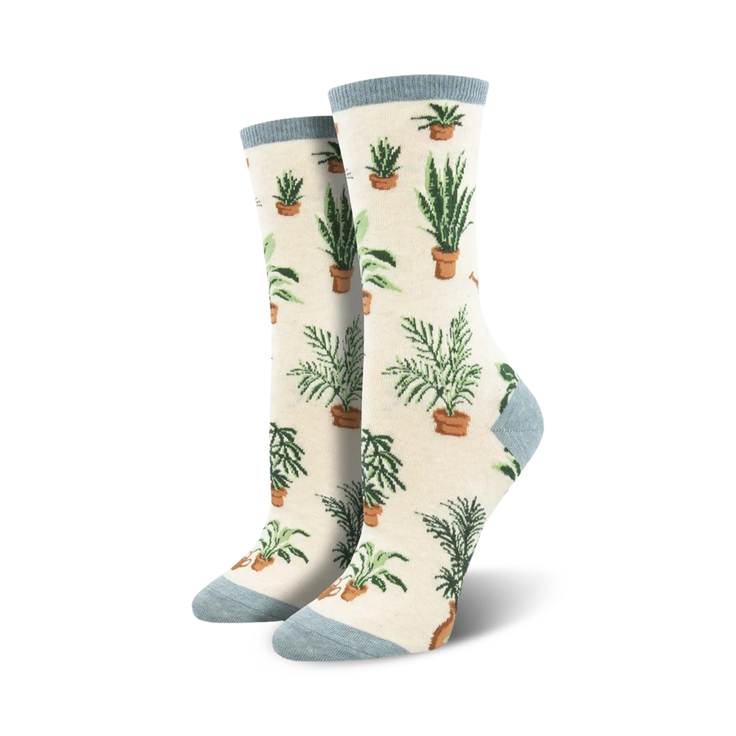 Cream crew socks with a pattern of potted plants in shades of green and brown.  The socks have a light blue cuff.