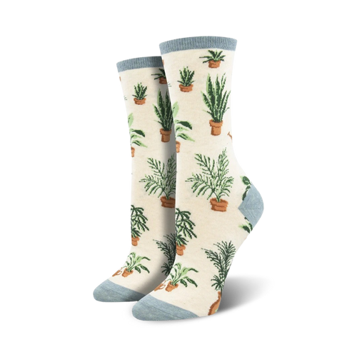Cream crew socks with a pattern of potted plants in shades of green and brown.  The socks have a light blue cuff.