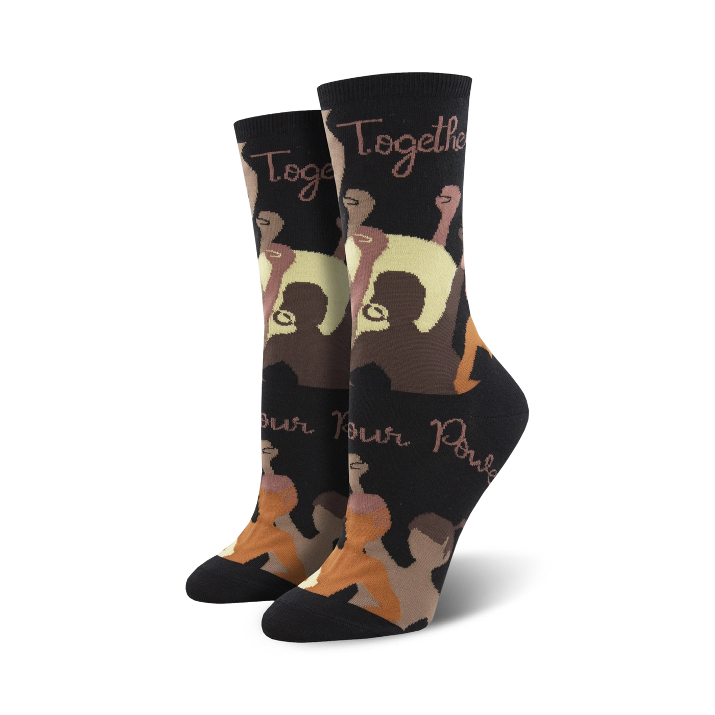 Pair of women's crew socks in black and brown tones.  The design includes figures joined together with the words 'Together Our Power'.