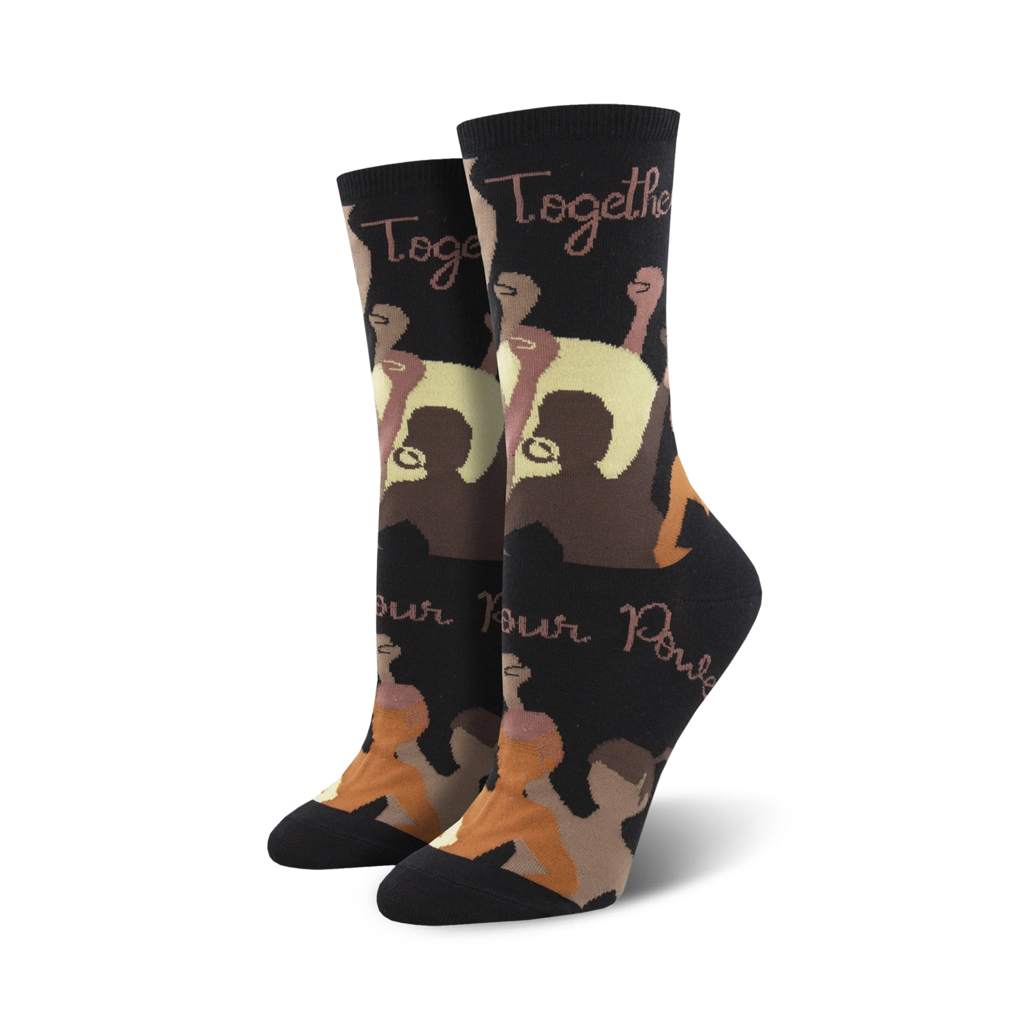 Pair of women's crew socks in black and brown tones.  The design includes figures joined together with the words 'Together Our Power'.