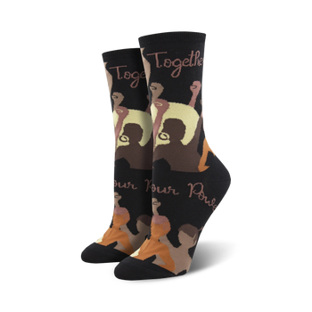  black crew socks with brown and tan hands and afro hairstyles promoting unity, strength, and power.   