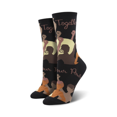  black crew socks with brown and tan hands and afro hairstyles promoting unity, strength, and power.   