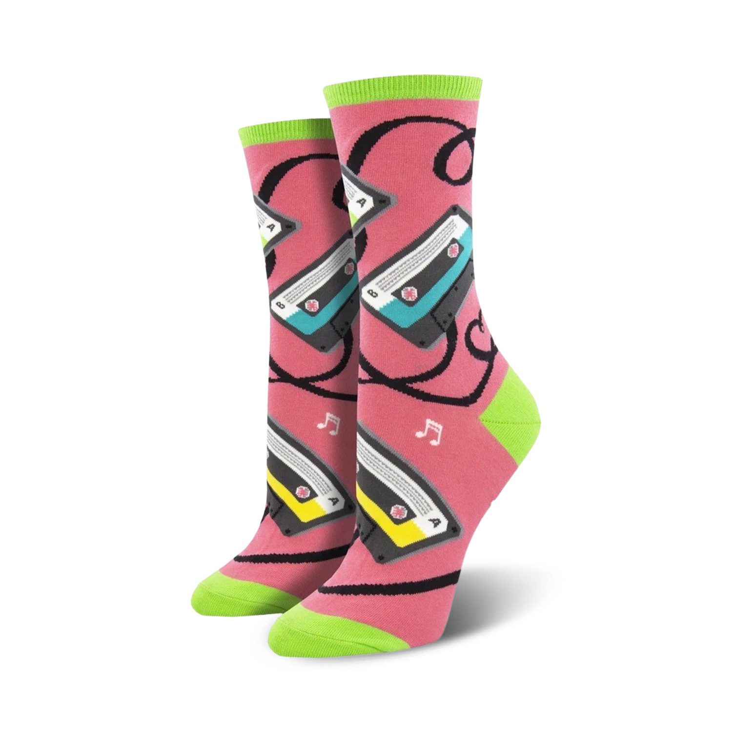 Pair of women's crew socks in pink and lime green, showcasing a fun design of cassette tapes and music notes.