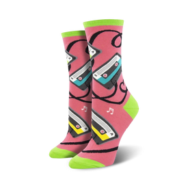  pink crew socks, with a cassette tape and musical note pattern, for women, with the caught on tape theme.   