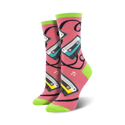  pink crew socks, with a cassette tape and musical note pattern, for women, with the caught on tape theme.   