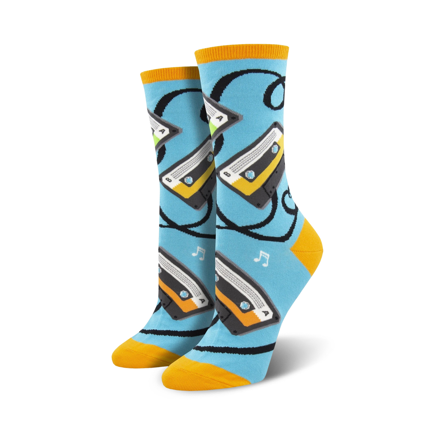 Lifestyle shot showing the light blue 'Caught On Tape' socks with orange cuffs on a person's feet.