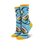 Lifestyle shot showing the light blue 'Caught On Tape' socks with orange cuffs on a person's feet.