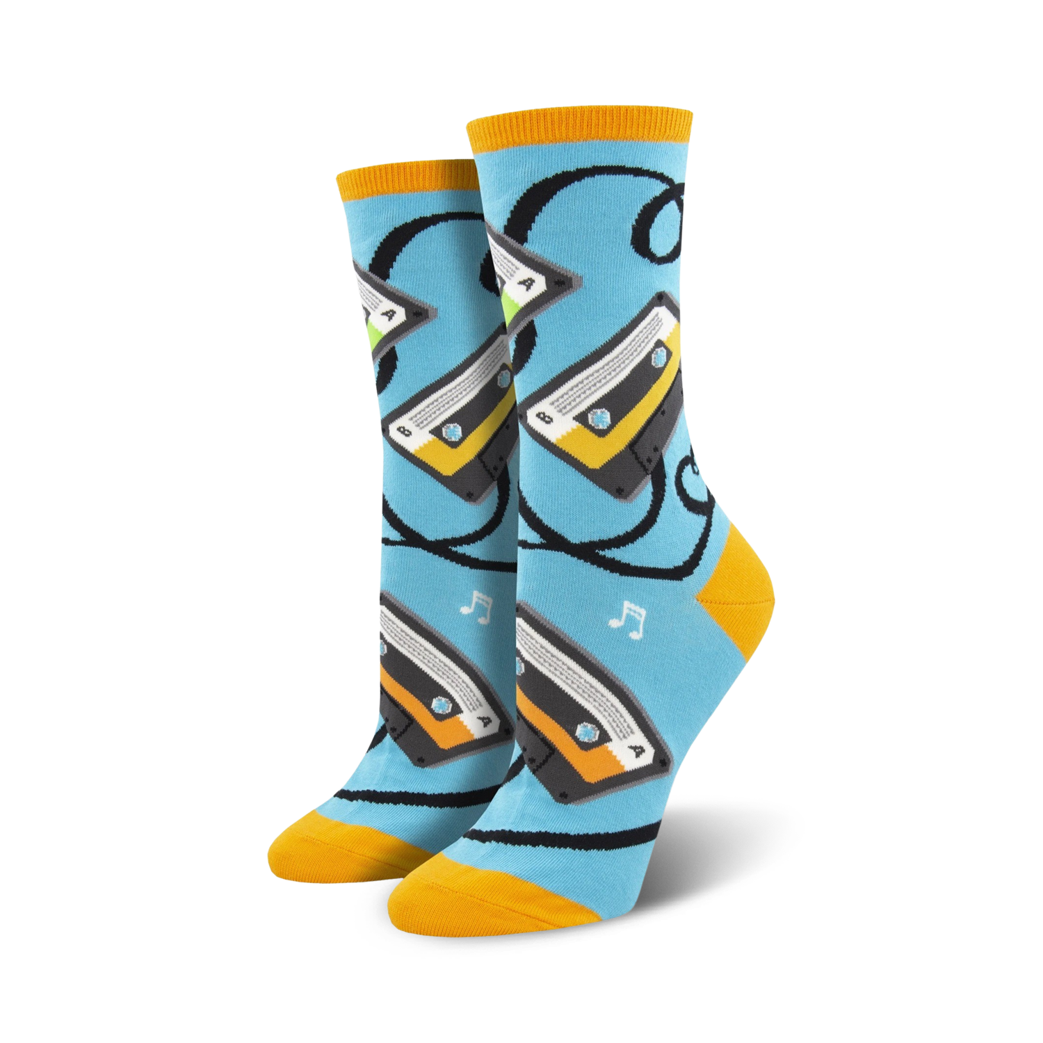Lifestyle shot showing the light blue 'Caught On Tape' socks with orange cuffs on a person's feet.