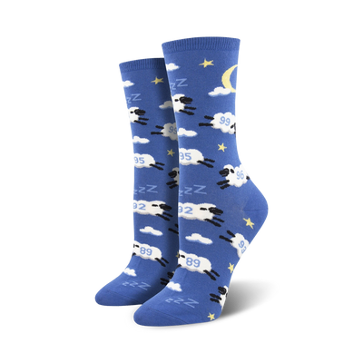 counting sheep novelty socks with cartoon sheep, nightcaps, clouds, stars, and a crescent moon. womens crew length.  