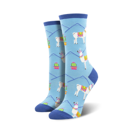 crew length light blue socks with llama and cacti pattern for women.  