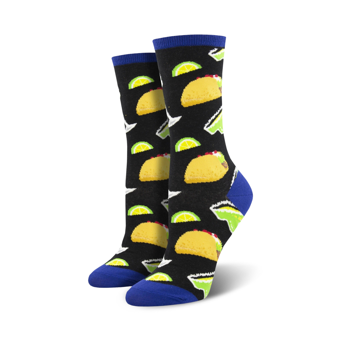 A pair of crew socks with a fun design. The black socks are adorned with colorful tacos and lime margaritas. The socks have a royal blue cuff.