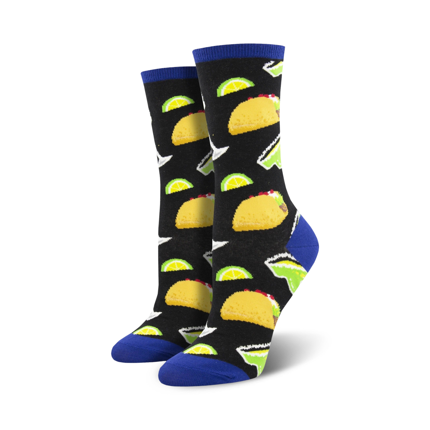 A pair of crew socks with a fun design. The black socks are adorned with colorful tacos and lime margaritas. The socks have a royal blue cuff.