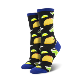 novelty womens crew socks with a pattern of tacos and margaritas.  