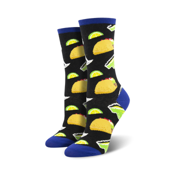 tacos and margs food & drink themed womens black novelty crew socks