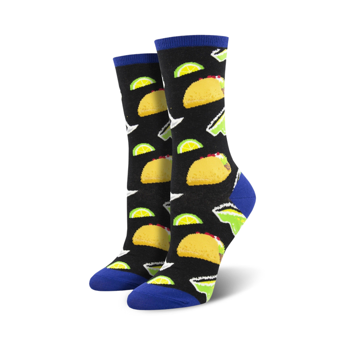novelty womens crew socks with a pattern of tacos and margaritas.   }}