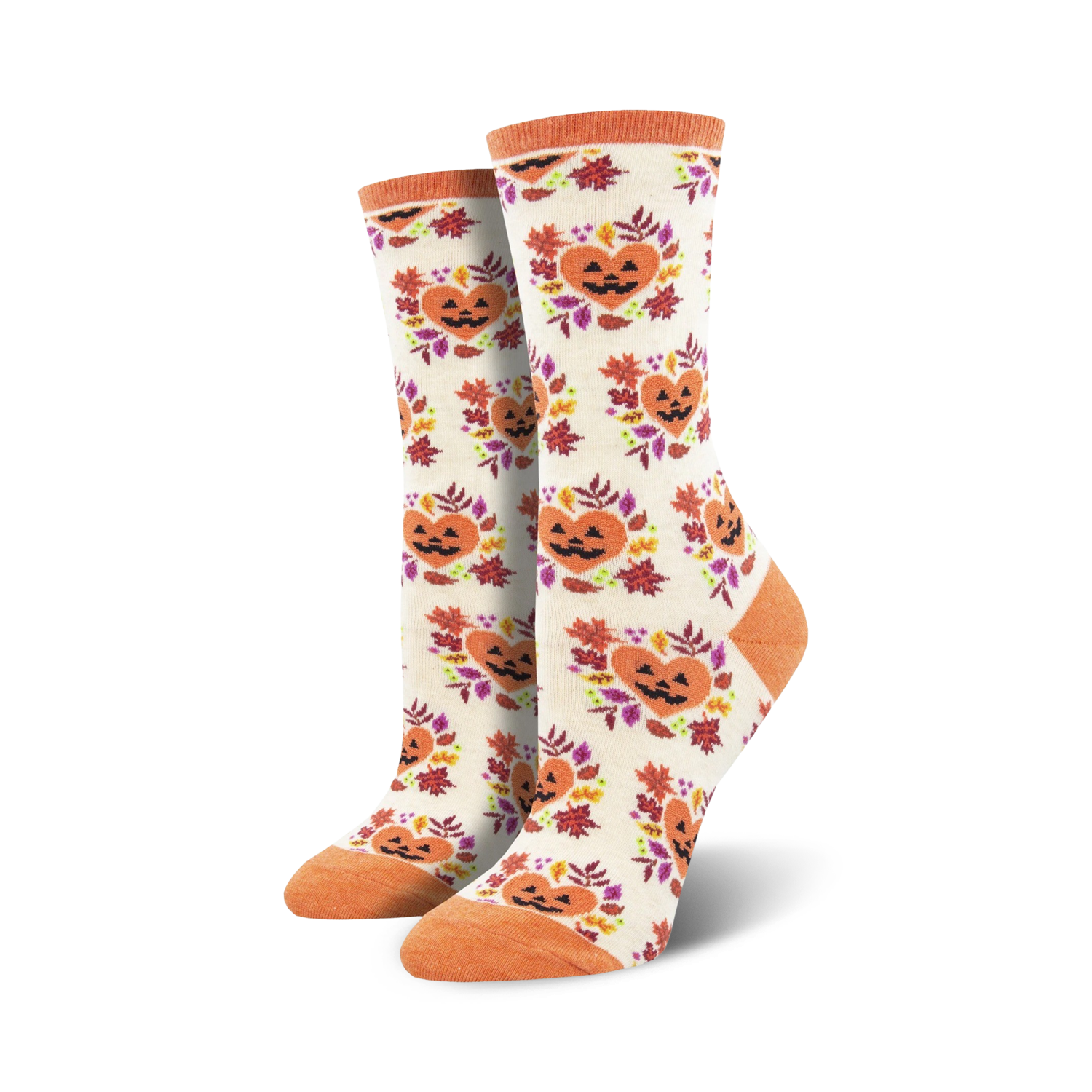 Cream crew socks with orange jack-o'-lantern faces in autumn leaf wreaths. 
