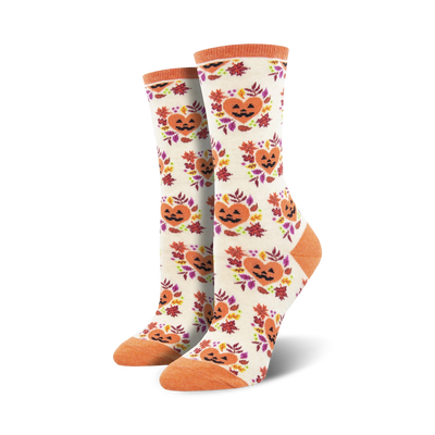 (maximum 140 character seo alt-text):  women's crew socks designed for halloween with an allover bright orange pumpkin with black stem and heart pattern with red leaves and green leaf stems.  