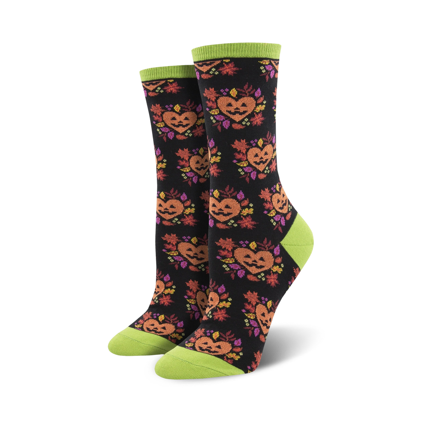 A pair of black crew socks with the same jack-o'-lantern design, but on a black background with lime green cuffs.