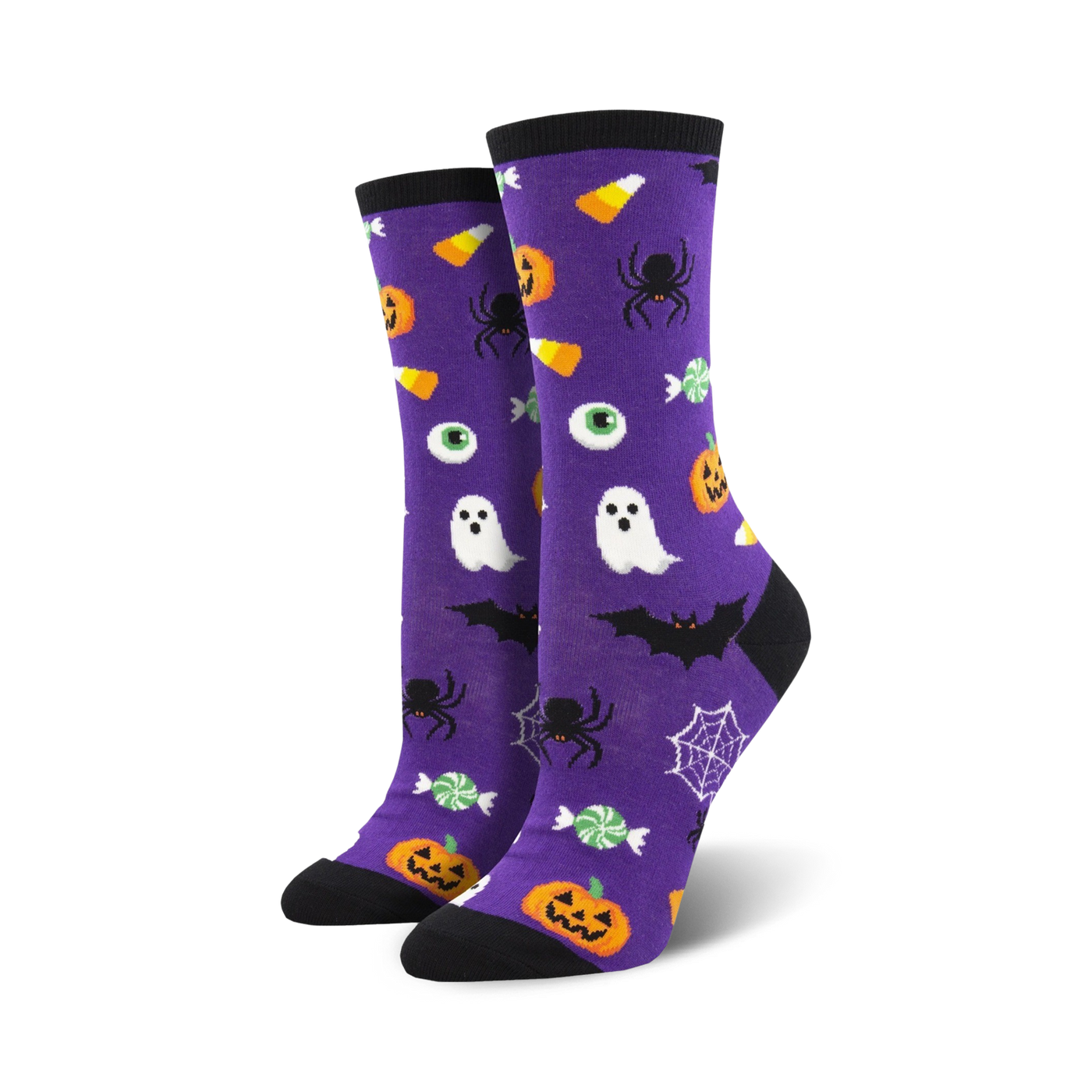 Purple crew socks with a Halloween theme.  Features ghosts, spiders, bats, pumpkins, candy corn, and eyeballs on a purple background.