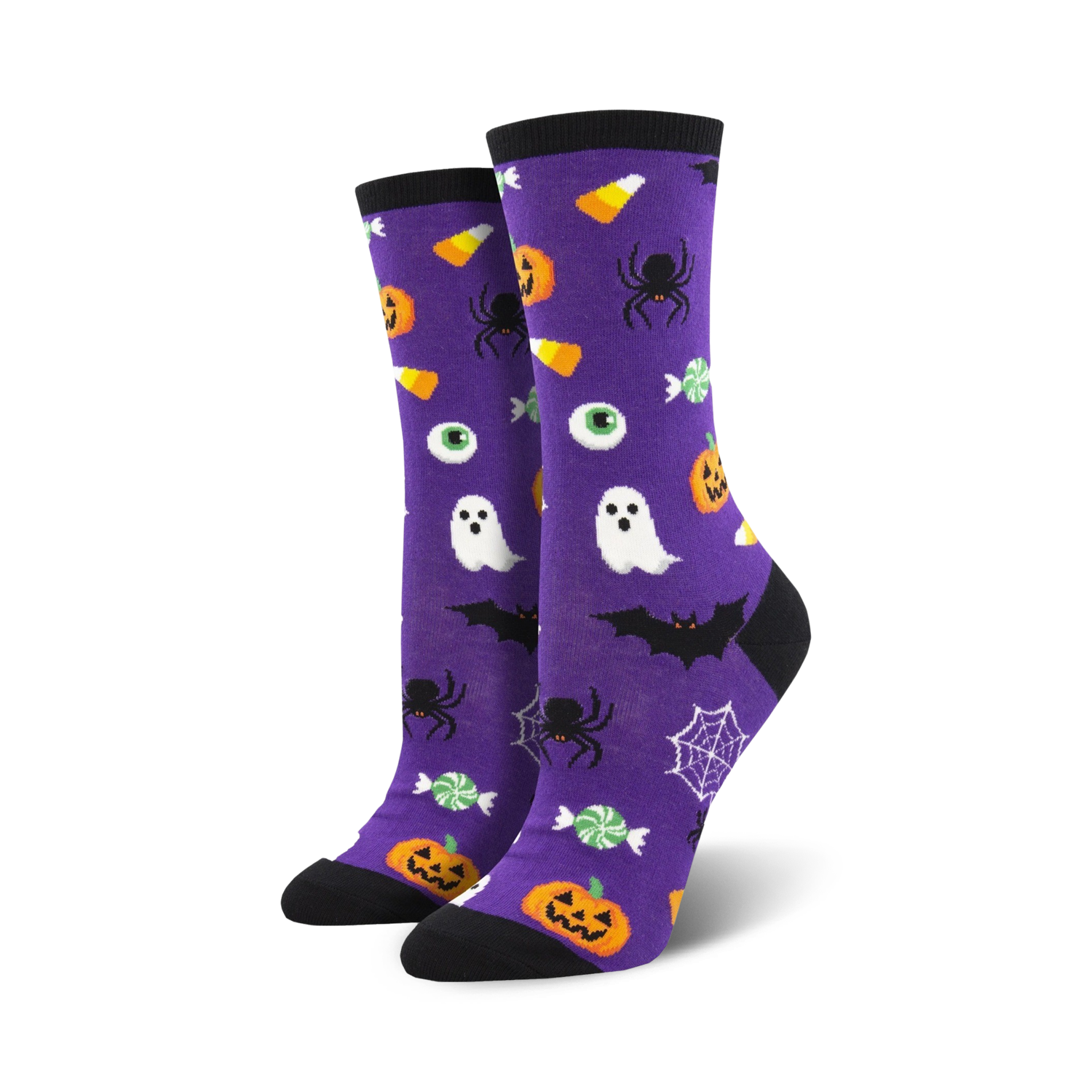 Purple crew socks with a Halloween theme.  Features ghosts, spiders, bats, pumpkins, candy corn, and eyeballs on a purple background.