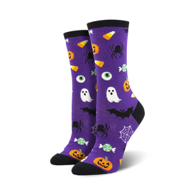 purple halloween crew socks with ghosts, pumpkins, candy and more (womens)  