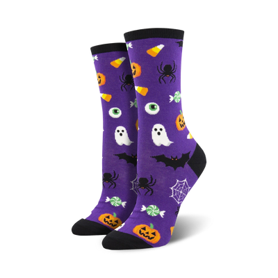 purple halloween crew socks with ghosts, pumpkins, candy and more (womens)  