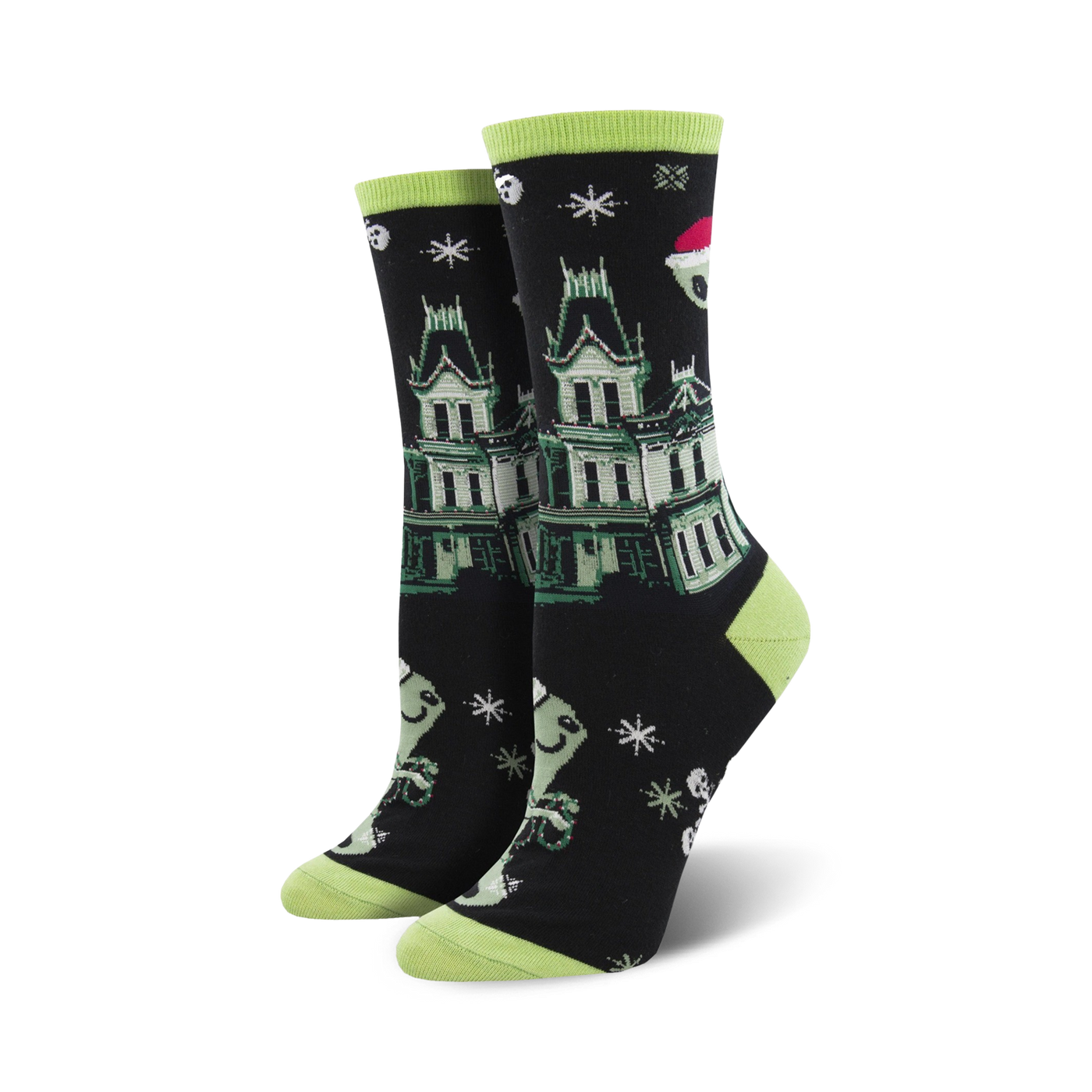 A pair of black crew socks with a green haunted house, ghosts wearing Santa hats, and snowflakes. Lime green cuffs.