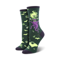 Crew socks in dark green with a whimsical illustration of a purple octopus mermaid, bats, and bubbles.  Lime green accents add to the spooky fun design.