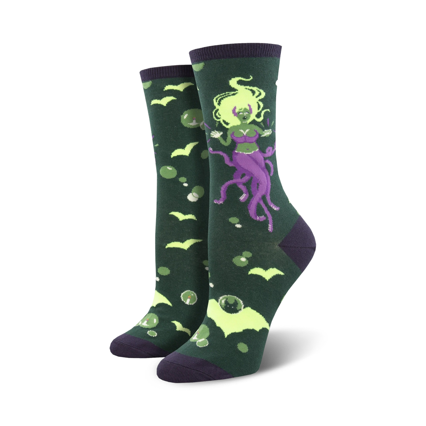 Crew socks in dark green with a whimsical illustration of a purple octopus mermaid, bats, and bubbles.  Lime green accents add to the spooky fun design.