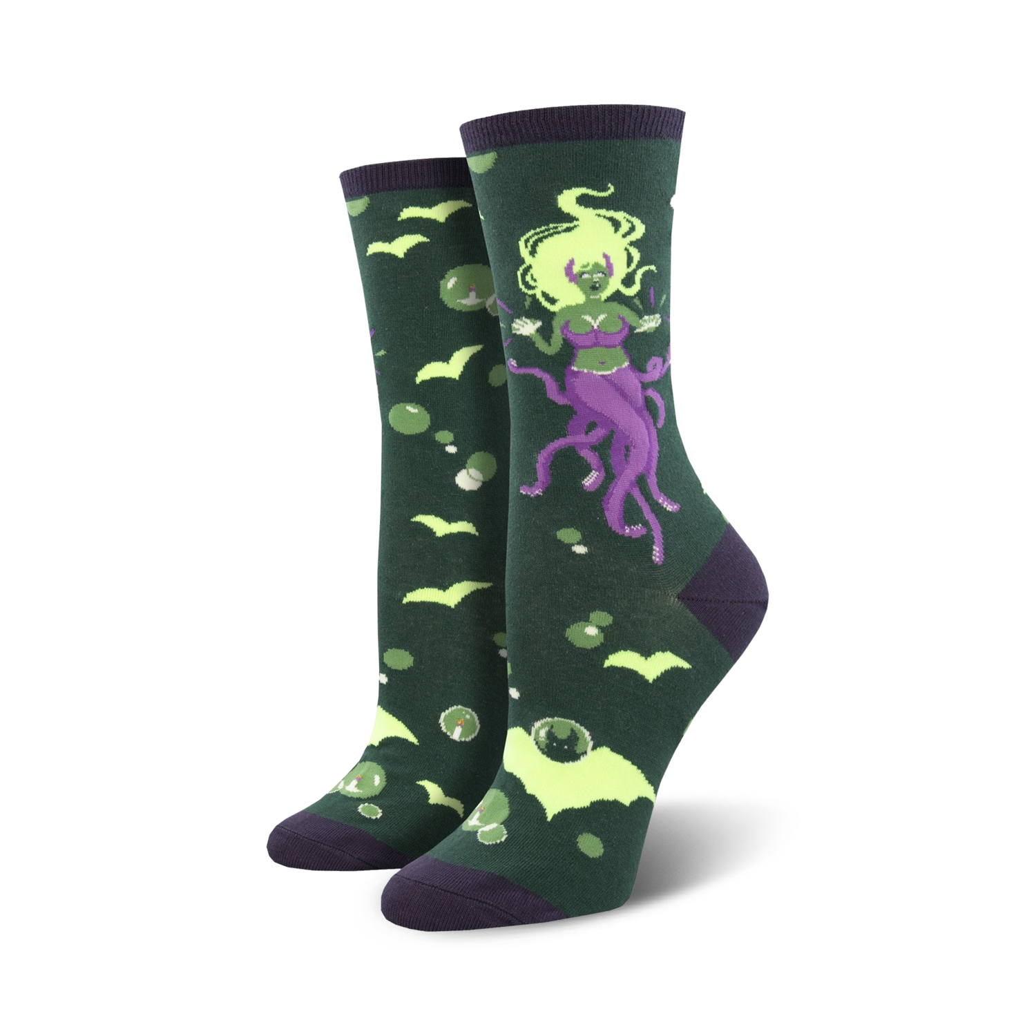 Crew socks in dark green with a whimsical illustration of a purple octopus mermaid, bats, and bubbles.  Lime green accents add to the spooky fun design.