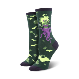 dark green purple bat socks. cartoon mermaid with purple tentacles, green hair, and seashell bra. women's crew. myths & legends theme.    